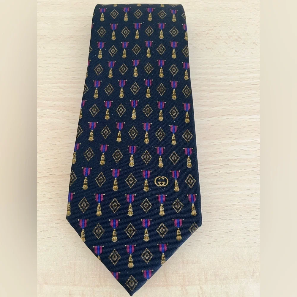 Gucci Black Silk Tie Gold Tassels,Fuschia Pink and blue Pattern Vintage BNWOT